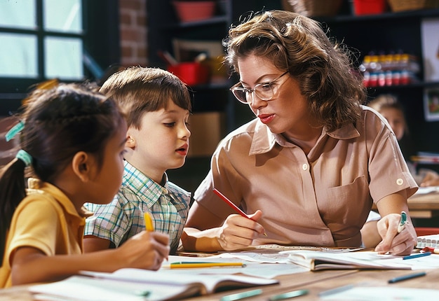 Retrato fotográfico de niños en edad preescolar que estudian en una clase con un maestro