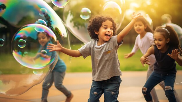 Retrato fotográfico de niños que se divierten jugando con burbujas de jabón en verano