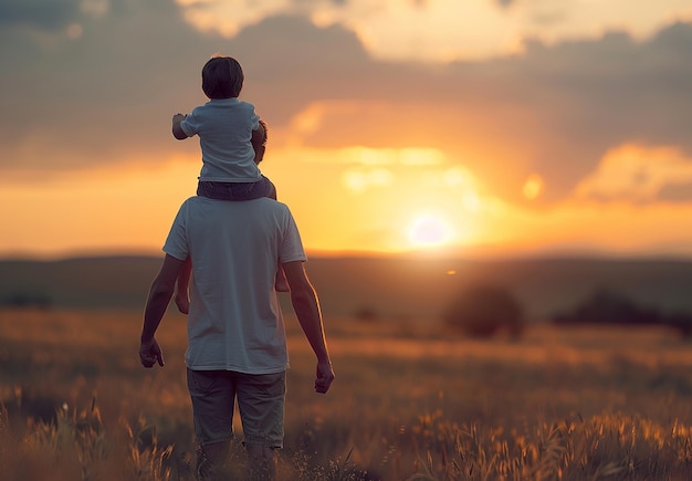 Retrato fotográfico de un padre sosteniendo a un niño en sus hombros en un campo al atardecer