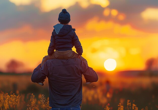 Retrato fotográfico de un padre sosteniendo a un niño en sus hombros en un campo al atardecer