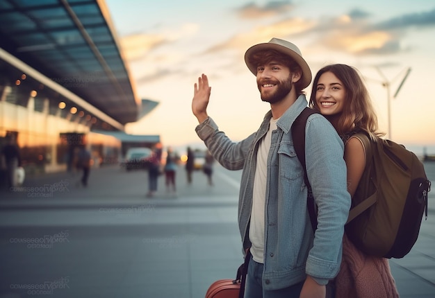 Retrato fotográfico de una pareja enamorada que viaja en el aeropuerto