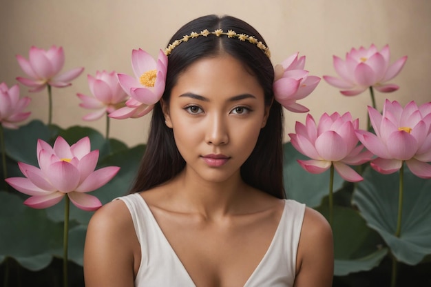 Un retrato fotográfico sereno de una joven isleña del Pacífico con tranquilas flores de loto