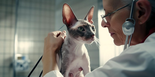 Retrato fotográfico de un veterinario que examina las orejas de los gatos