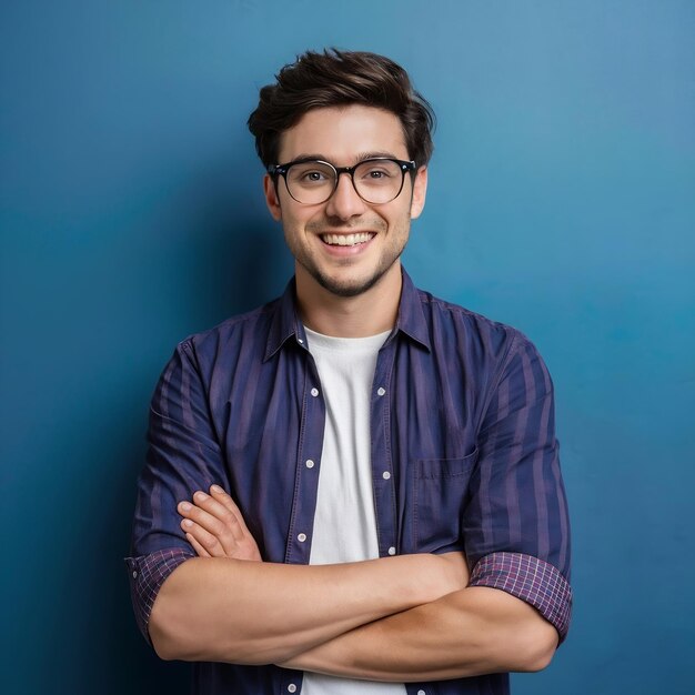 Retrato de un fotógrafo alegre en el estudio