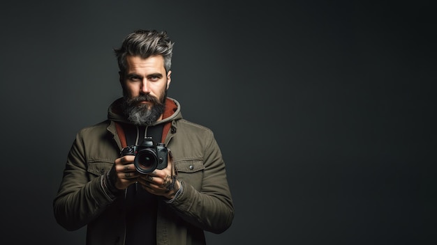 Retrato de un fotógrafo con una cámara Fondo oscuro con espacio para texto