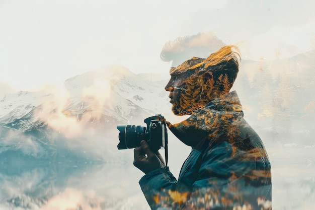 Un retrato de un fotógrafo con una doble exposición de una cámara y un paisaje