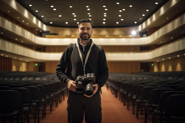 Retrato de un fotógrafo profesional en el auditorio del cine Un camarógrafo con una cámara digital profesional se encuentra frente a una sala de conferencias Generada por IA