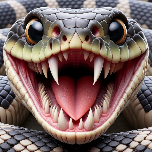 retrato fotorrealista de uma cobra com um grande sorriso de dentes e olhos enormes em um fundo branco ai generativo