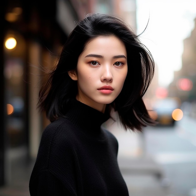 retrato fotorrealista de uma jovem modelo feminina asiática contra um fundo da cidade