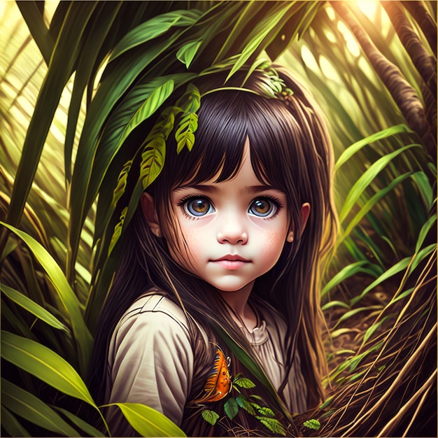 Retrato fotorrealista de uma linda garotinha amigável na selva