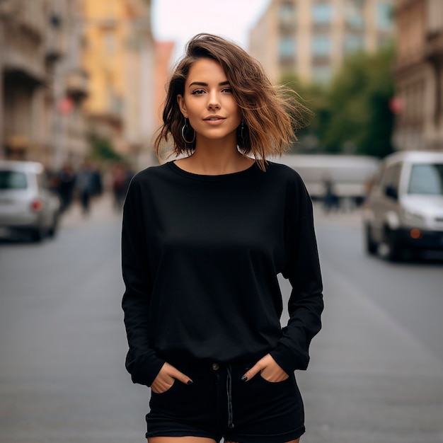 retrato fotorrealista de una joven modelo contra un fondo de la ciudad