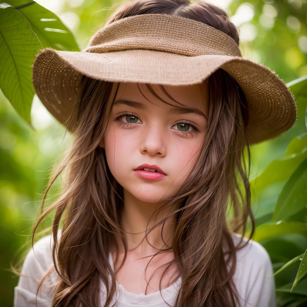 Retrato fotorrealista de una linda niña amigable en la jungla
