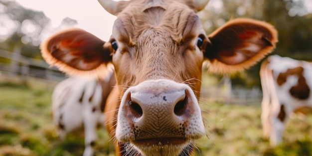 retrato frontal de una vaca mirando fijamente a la cámara hocico de ternero primer plano de los alrededores del campo de la granja verde