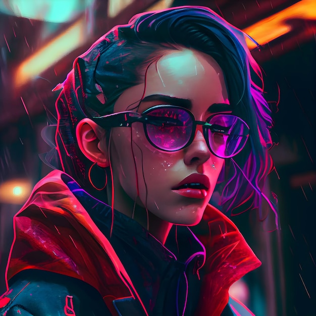 Retrato futurista de una bella joven con gafas futuristas