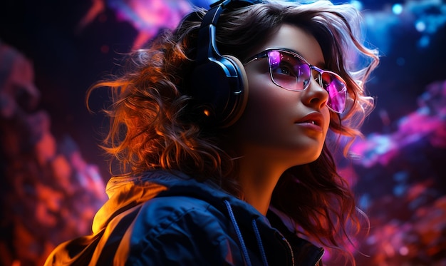 Retrato futurista de una chica con auriculares Retrato al estilo cyberpunk con luces de neón IA generativa