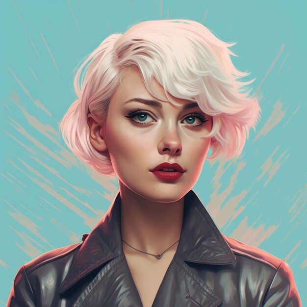 Retrato futurista de una chica con cabello rosa en una chaqueta de cuero