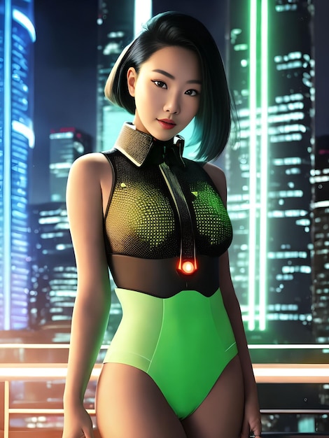 Retrato futurista de mulher asiática usando arte generativa de tecido cibernético futuro por IA
