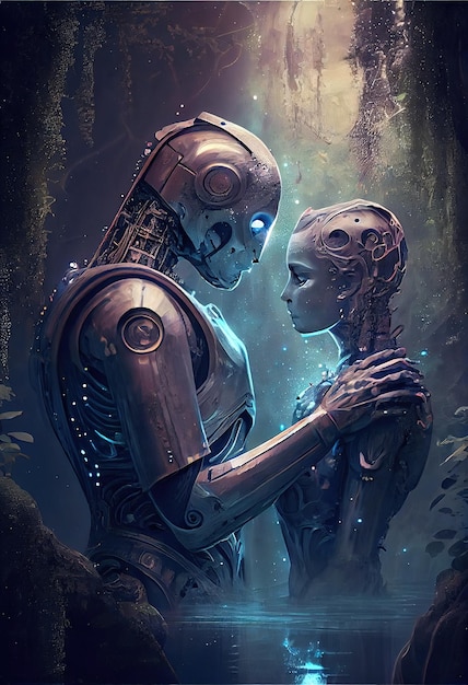 Retrato futurista de robôs apaixonados por The