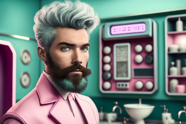 Retrato futurista de um homem com barba em tons pastel feito no estilo retrô dos anos 60 e 70 O conceito de cabeleireiro e barbeiro Generative ai