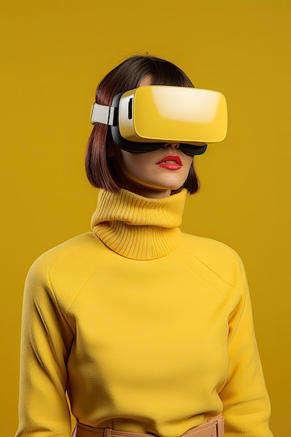 Retrato futurista de uma menina com óculos de realidade virtual em cores amarelas da cama