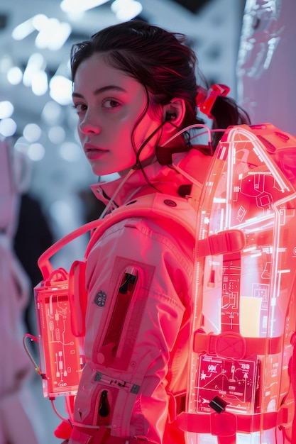 Foto retrato futurista de uma mulher de fato de ficção científica iluminada por luzes de néon
