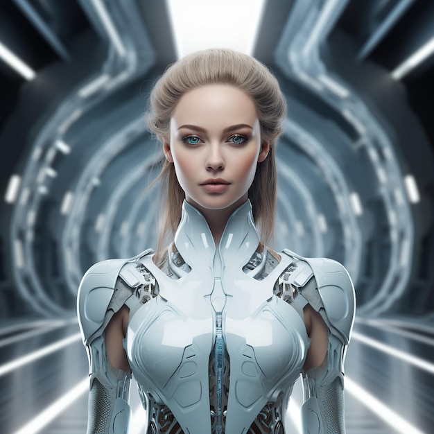 Retrato futurista de uma mulher em um cinema 3D usando armadura metálica gerada por IA