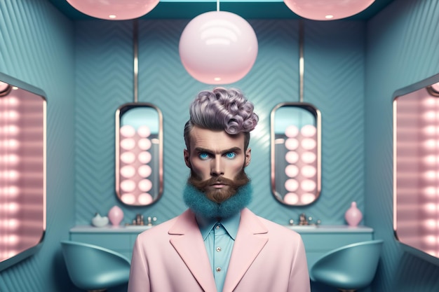 Retrato futurista de un hombre con barba en colores pastel hecho en el estilo retro de los años 60 y 70 El concepto de peluquero y barbero Generativo ai