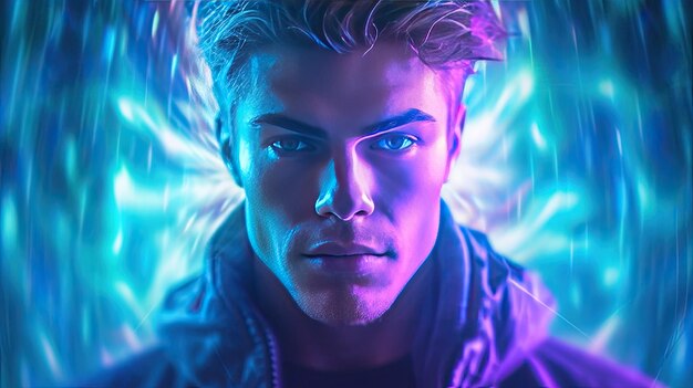 Foto retrato futurista de un hombre guapo con luces de neón