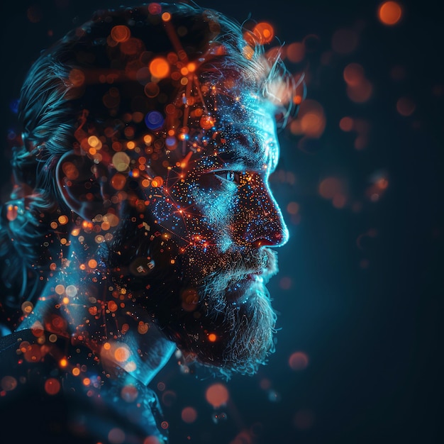 Foto retrato futurista de un hombre con imágenes de inteligencia artificial
