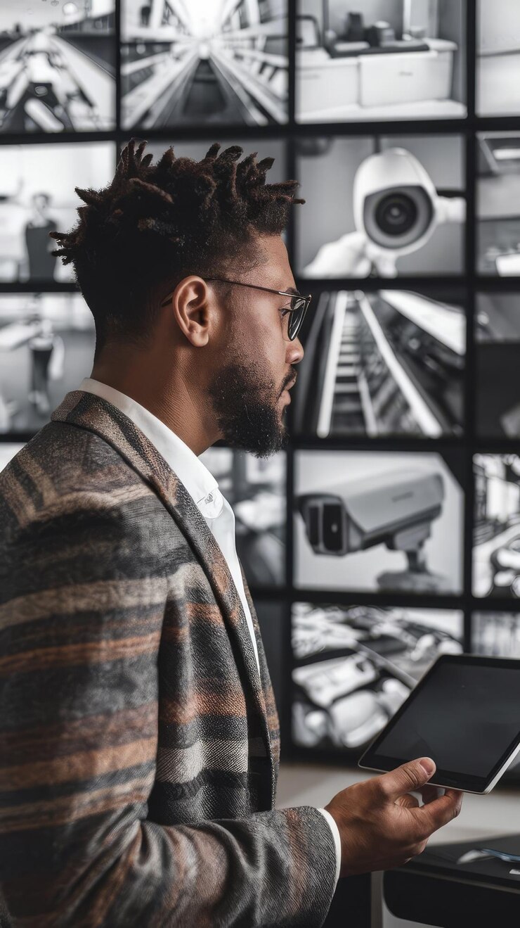 Foto retrato futurista de un hombre negro mirando las imágenes de las cámaras de vigilancia en un centro de seguridad