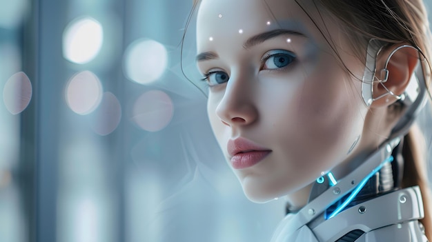 Retrato futurista de una mujer robot androide o cara de inteligencia artificial generada por la IA