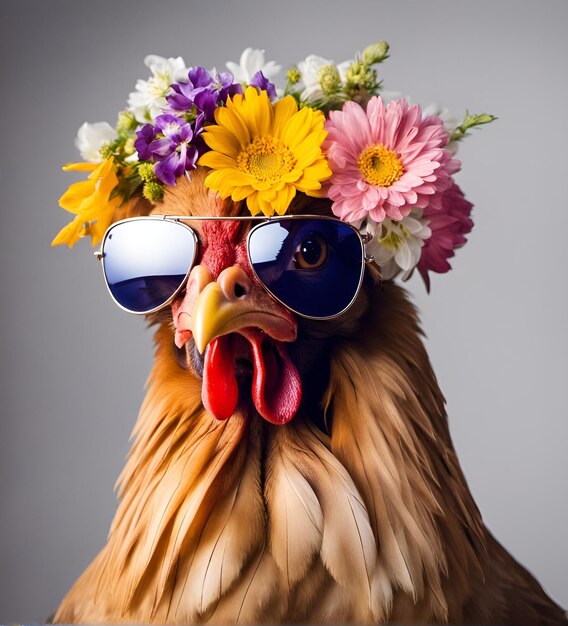 Retrato de gallina fresca con gafas de sol con flores en la cabeza