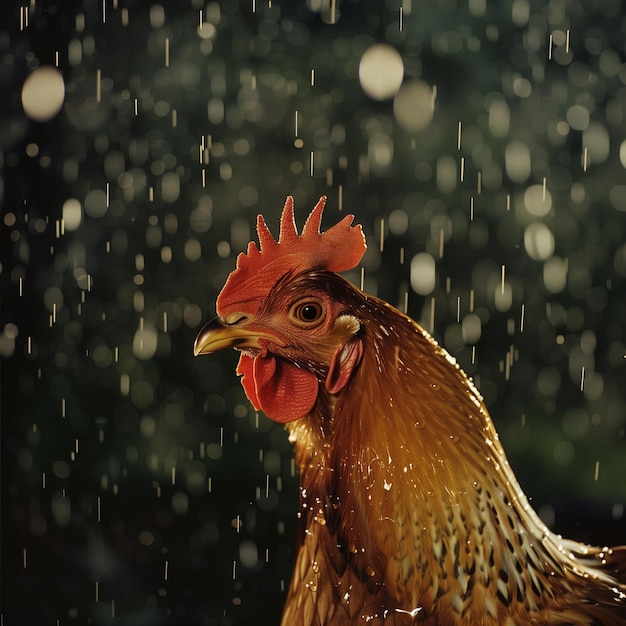 Retrato de una gallina marrón con un peine rojo en un día lluvioso