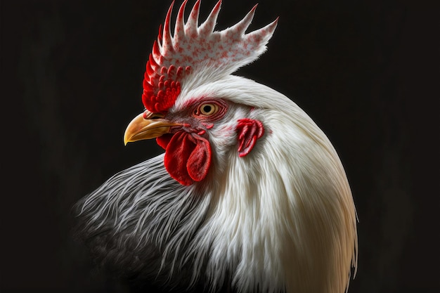 Retrato de gallo blanco cabeza de aves de corral con cresta roja y blanca sobre fondo negro