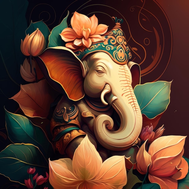 Retrato de ganesha de diseñador con flores y hojas IA generativa