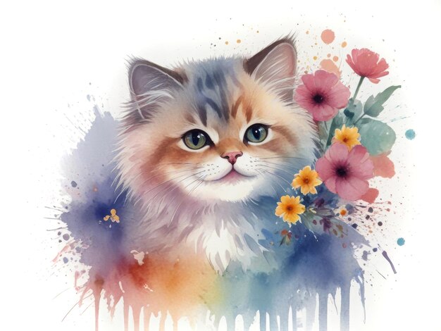 Foto retrato de un gatito esponjoso con flores acuarela clipart sobre fondo blanco gato