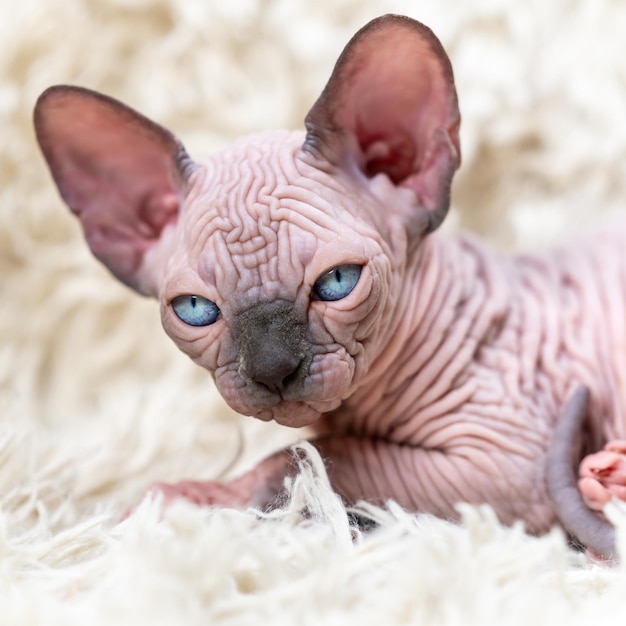 Retrato de gatito gato sphynx canadiense mirando a la cámara acostado sobre una alfombra blanca con pelo largo