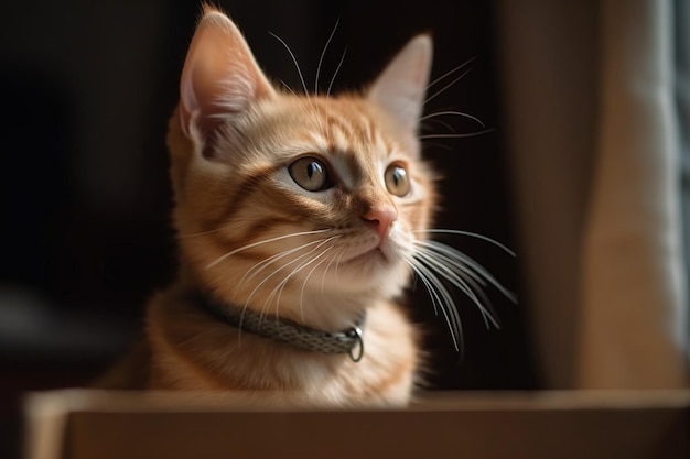 Retrato de un gatito de jengibre en una caja mirando a lo lejos