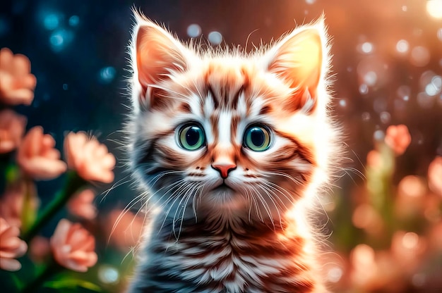 Retrato de un gatito lindo y conmovedor sobre un fantástico fondo floral