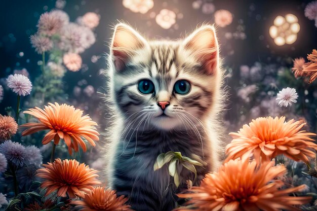 Retrato de un gatito lindo y conmovedor sobre un fantástico fondo floral