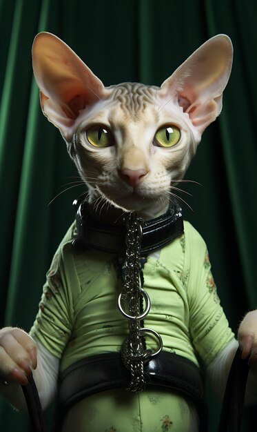 Foto retrato de gato ágil cornish rex pirata acróbata vestido de spandex cuerpo diseño de moda vestido arte