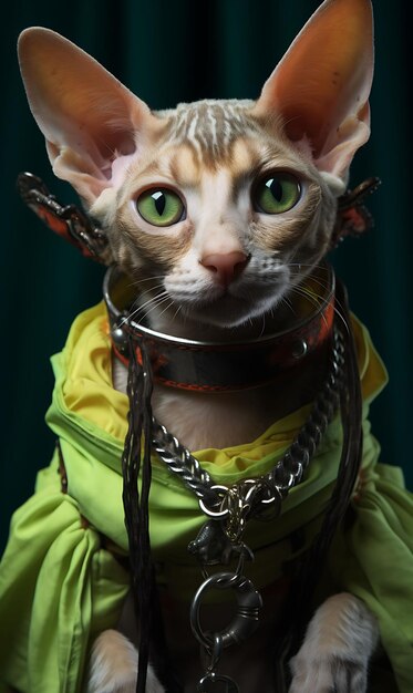 Foto retrato de gato ágil cornish rex pirata acróbata vestido de spandex cuerpo diseño de moda vestido arte