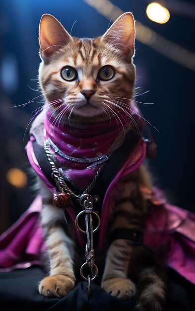 Retrato de un gato ágil pirata abisinio acróbata traje de spandex cuerpos diseño de moda arte de vestuario