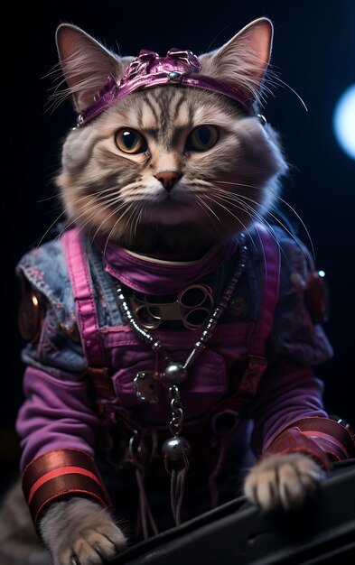 Retrato de un gato ágil pirata abisinio acróbata traje de spandex cuerpos diseño de moda arte de vestuario