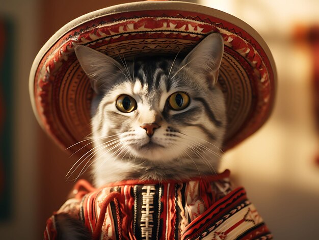 Foto retrato de un gato americano de pelo corto con un sombrero tradicional striki festivo méxico tradicional