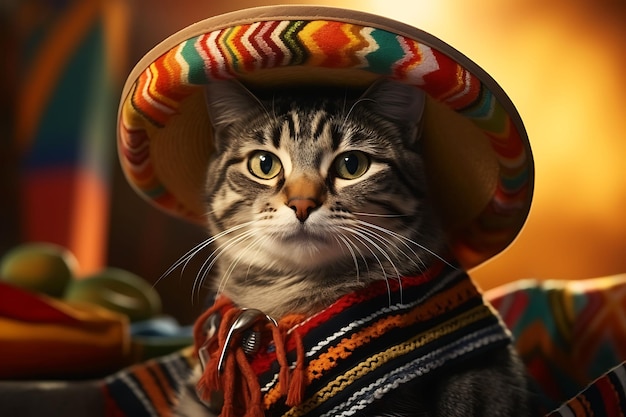 Foto retrato de un gato americano de pelo corto con un sombrero tradicional y un za festivo tradicional de méxico