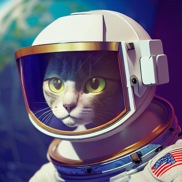 Retrato de gato astronauta en el espacio ilustración surrealista