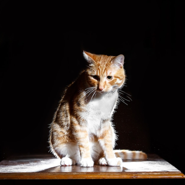 Retrato de gato atigrado de jengibre en una mesa de madera