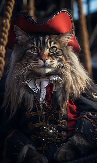 Retrato de un gato aventurero, un capitán pirata de Bengala, un traje, un sombrero de tricornio, un diseño de moda, un arte de vestuario.