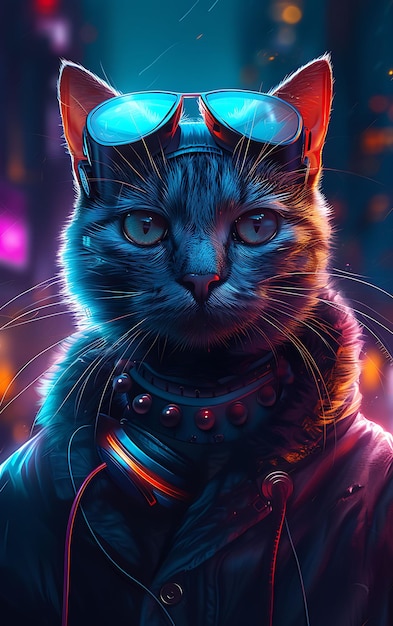 Retrato de un gato azul ruso con un abrigo de piel holográfico y un cartel de Cyberpunk G Cyber